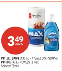 Shoppers Drug Mart PC (1L), DAWN (431mL - 473mL) DISH SOAP or PC MAX PAPER TOWELS (1 Roll) offer