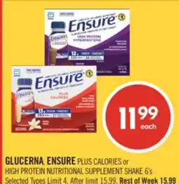 Shoppers Drug Mart GLUCERNA, ENSURE PLUS CALORIES or HIGH PROTEIN NUTRITIONAL SUPPLEMENT SHAKE 6's offer