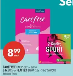 Shoppers Drug Mart CAREFREE LINERS (93's - 120's), o.b. (40's) or PLAYTEX SPORT (32's - 36's) TAMPONS offer