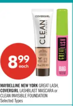 Shoppers Drug Mart MAYBELLINE NEW YORK GREAT LASH, COVERGIRL LASHBLAST MASCARA or CLEAN INVISIBLE FOUNDATION offer