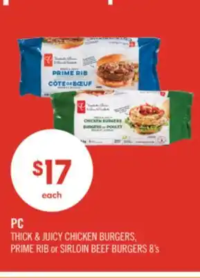 Shoppers Drug Mart PC THICK & JUICY CHICKEN BURGERS, PRIME RIB or SIRLOIN BEEF BURGERS (8's) offer