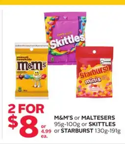 Rexall M & M' S or MALTESERS 95g-100g or SKITTLES or STARBURST 130g-191g offer