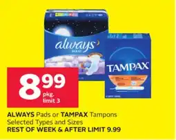 Rexall ALWAYS Pads or TAMPAX Tampons offer