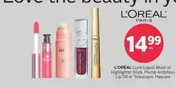 Rexall L' ORÉAL Lumi Liquid Blush or Highlighter Stick, Plump Ambition Lip Oil or Telescopic Mascara offer
