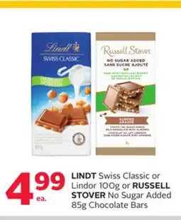 Rexall LINDT Swiss Classic or Lindor 100g or RUSSELL STOVER No Sugar Added 85g Chocolate Bars offer