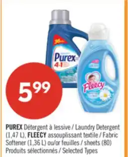 Pharmaprix PUREX Laundry Detergent (1,47 L), FLEECY Fabric Softener (1,36 L), sheets (80) offer