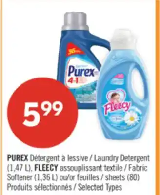 Pharmaprix PUREX Laundry Detergent (1,47 L), FLEECY Fabric Softener (1,36 L), sheets (80) offer