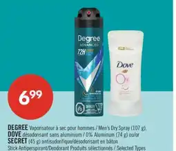 Pharmaprix DEGREE Men's Dry Spray (107 g), DOVE0% Aluminum (74 g) or SECRET (45 g) antisudorifique offer