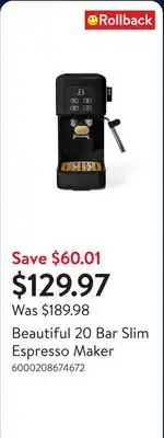 Walmart Beautiful 20 Bar Slim Espresso Maker offer