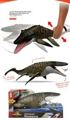Toys R us Jurassic World Rebirth Bite N Blast Mosasaurus Action Figure and Mini Dilophosaurus offer