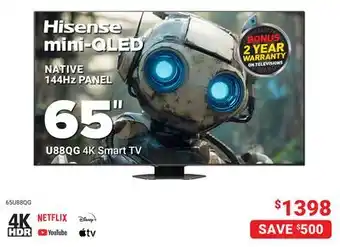 Visions Electronics Hisense mini-QLED NATIVE 144Hz PANEL U88QG 4K Smart TV offer