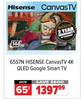2001 Audio Video 65S7N HISENSE 65 CanvasTV 4K QLED Google Smart TV offer