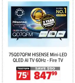 2001 Audio Video 75QD7QFM HISENSE 75 Mini-LED QLED AI TV 60Hz - Fire TV offer