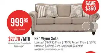 The Brick Made in Canada Wynn 93 Chenille Fabric Sofa with Nailhead Trim and Wood Bun Legs - Taupe offer