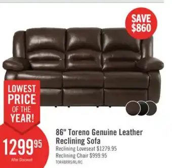 The Brick Toreno 86 Genuine Leather Reclining Sofa - Brown offer