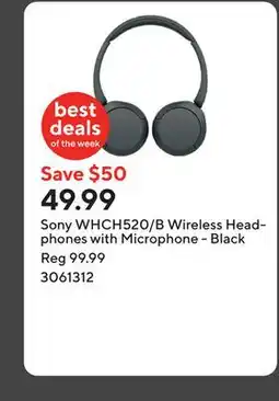 Staples Sony WHCH520/B Wireless Headphones with Microphone - Black offer