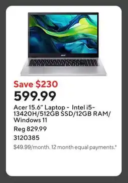 Staples Acer 15.6 Laptop - Intel i5-13420H/512GB SSD/12GB RAM/Windows 11 offer