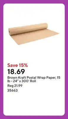Staples Brown Kraft Postal Wrap Paper, 15 lb - 24 x 300' Roll offer