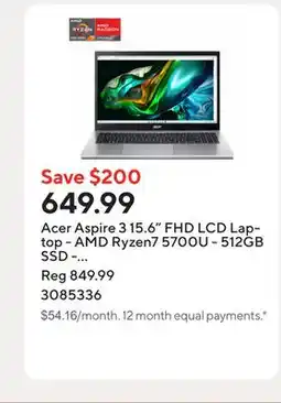 Staples Acer Aspire 3 15.6 FHD LCD Laptop - AMD Ryzen7 5700U - 512GB SSD - 16GB RAM - Windows 11 - Silver offer