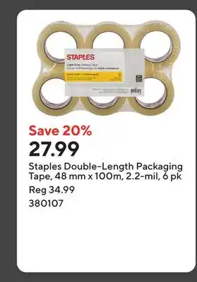 Staples Staples Double-Length Packaging Tape, 48 mm x 100m, 2.2-mil, 6 pk offer