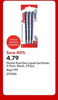 Staples Pentel EnerGel Liquid Gel Roller, 0.7mm, Black, 3 Pack offer