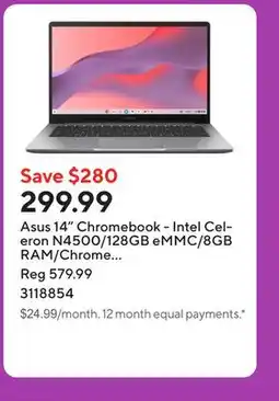 Staples Asus 14 Chromebook - Intel Celeron N4500/128GB eMMC/8GB RAM/Chrome OS with 3 months of Google AI Pro offer