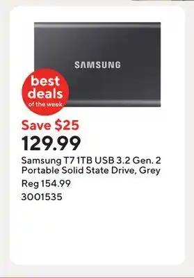 Staples Samsung T7 1TB USB 3.2 Gen. 2 Portable Solid State Drive, Grey offer
