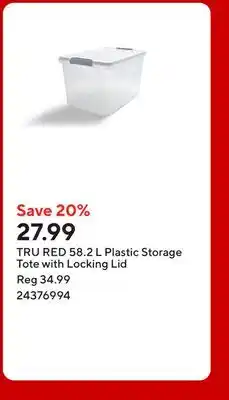 Staples TRU RED 58.2 L Plastic Storage Tote with Locking Lid offer