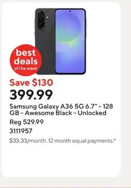 Staples Samsung Galaxy A36 5G 6.7 - 128 GB - Awesome Black - Unlocked offer