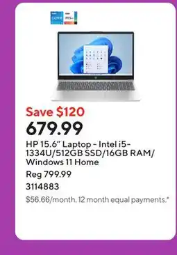 Staples HP 15.6 Laptop - Intel i5-1334U/512GB SSD/16GB RAM/Windows 11 Home offer