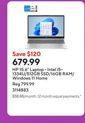 Staples HP 15.6 Laptop - Intel i5-1334U/512GB SSD/16GB RAM/Windows 11 Home offer