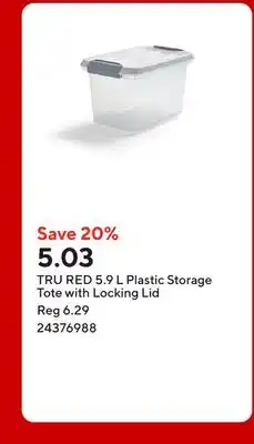Staples TRU RED 5.9 L Plastic Storage Tote with Locking Lid offer