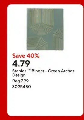 Staples Staples 1 Binder - Green Arches Design offer