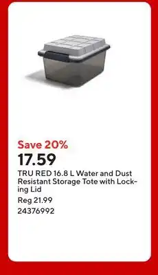 Staples TRU RED 16.8 L Water and Dust Resistant Storage Tote with Locking Lid offer