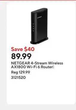 Staples NETGEAR 4-Stream Wireless AX1800 Wi-Fi 6 Router† offer