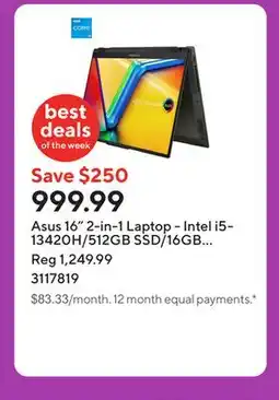 Staples Asus 16 2-in-1 Laptop - Intel i5-13420H/512GB SSD/16GB RAM/Touchscreen/Windows 11 Home offer