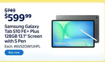 Walmart Samsung Galaxy Tab S10 FE+ Plus 128GB 13.1 Screen with S Pen offer