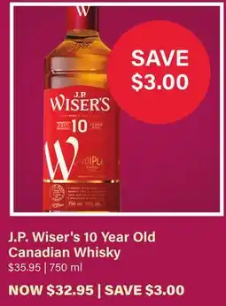LCBO J.P. Wiser's 10 Year Old Canadian Whisky offer