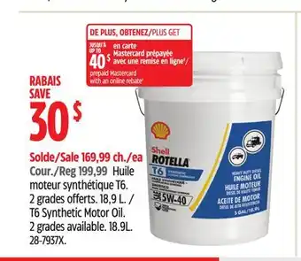 Canadian Tire T6 Synthetic Motor Oil. 2 grades available offer