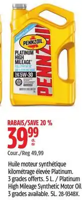Canadian Tire Pennzoil Platinum High Mileage Synthetic Motor Oil offer
