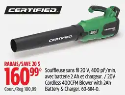 Canadian Tire Certified 20V Cordless 400 CFM Blower With 2Ah Battery & Charger offer