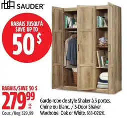 Canadian Tire Sauder 3-Door Shaker Wardrobe. Oak or White offer