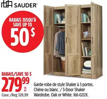 Canadian Tire Sauder 3-Door Shaker Wardrobe. Oak or White offer
