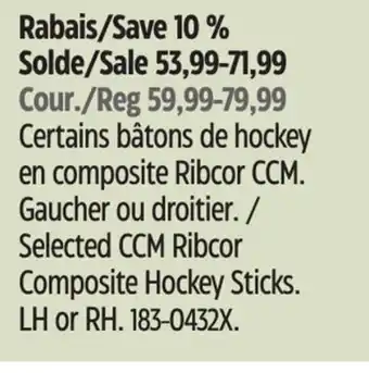 Canadian Tire CCM Selected CCM Ribcor Composite Hockey Sticks offer