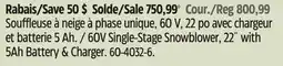 Canadian Tire Greenworks 60V 5Ah Single Stage Cordless Snowblower, 22-in, with Battery and Charger offer