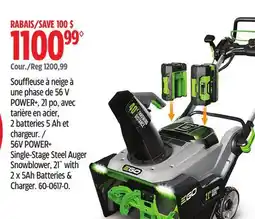 Canadian Tire EGO 56V POWER+ Single Stage Steel Auger Snow Blower, 21 With 2 x 4Ah Batteries and Charger offer