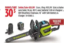 Canadian Tire yardworks 48V BRUSHLESS CHAINSAW, 16 WITH 5AH BATTERY & CHARGER offer