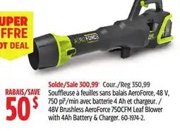 Canadian Tire Yardworks 48V Brushless AeroForce 2.0 750 CFM Leaf Blower with 4Ah Batter & Charger offer