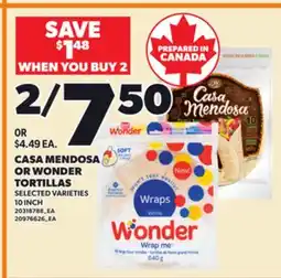 Loblaws CASA MENDOSA OR WONDER TORTILLAS, 10 INCH offer