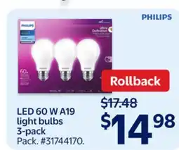 Walmart LED 60 W A19 light bulbs 3-pack offer